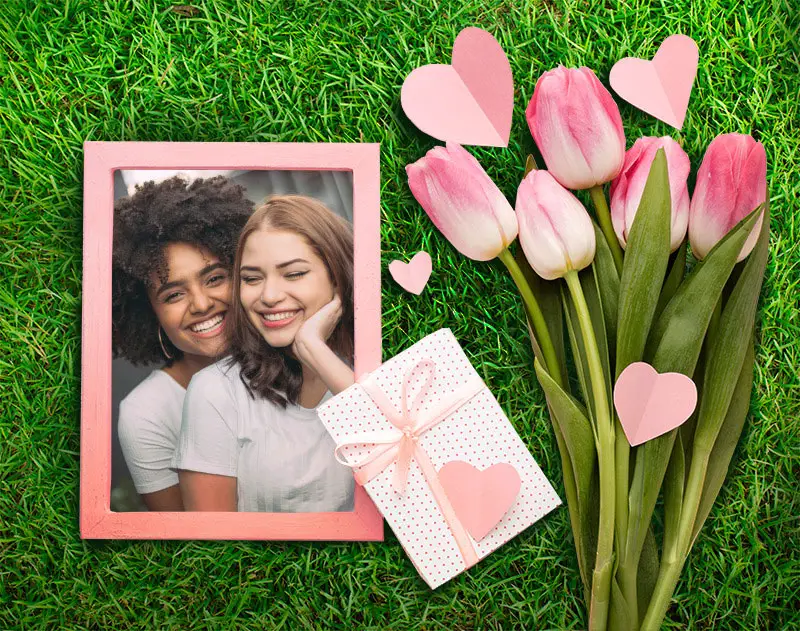 Photo effect - Bouquet of pink tulips on the green grass